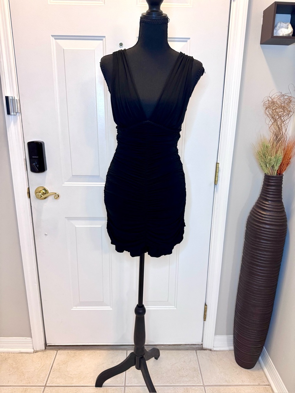 BCBG MaxAzria Black Ruched V-Neck Women’s Dress